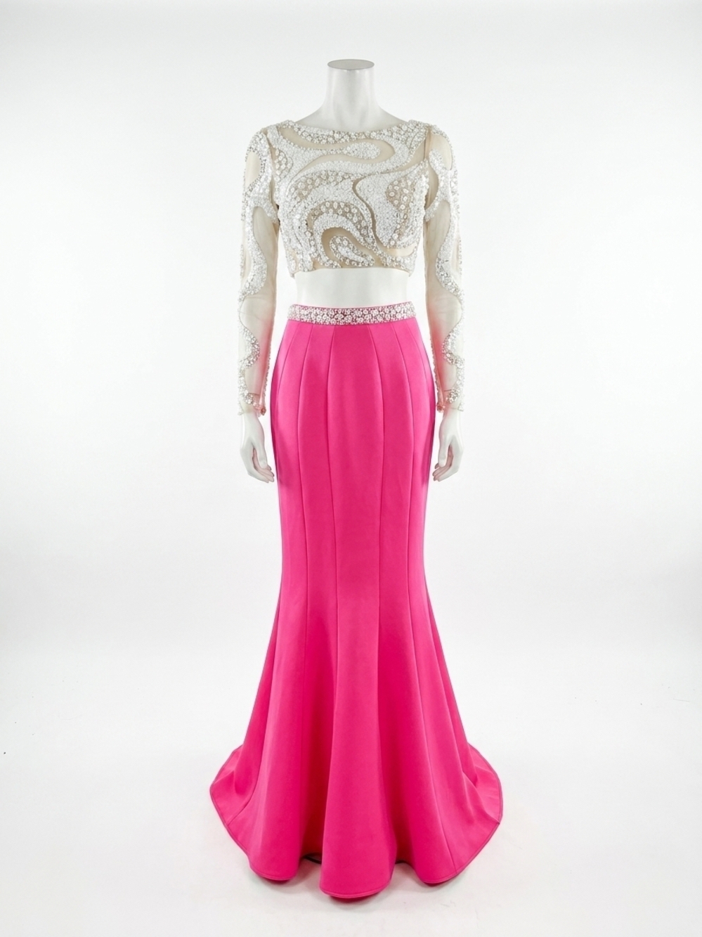 NEW MAC DUGGAL long sleeve two-piece gown in hot pink